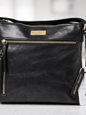 ASSOTS London Leather Crossbody Bag Black RFID Multi Zip New